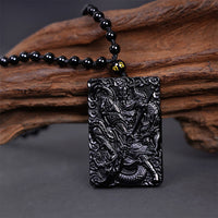 KarmaRipples Halskette mit Guan Gong-Amulett aus schwarzem Obsidian und graviertem Kraftanhänger