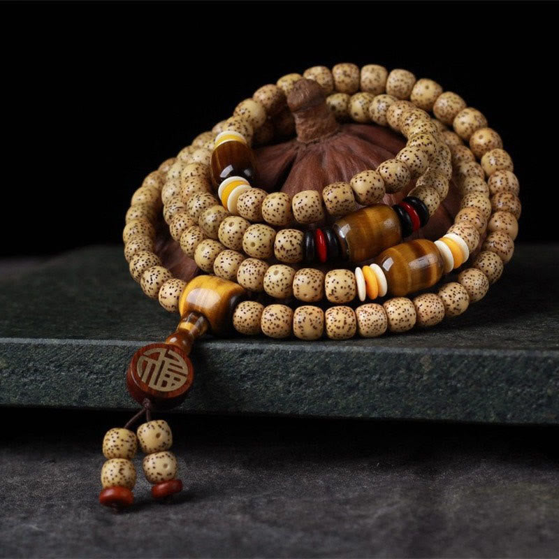 KarmaRipple's 108 Mala Beadwork Bodhi Seed Tiger's Eye Fu Character Peace Bracelet p13