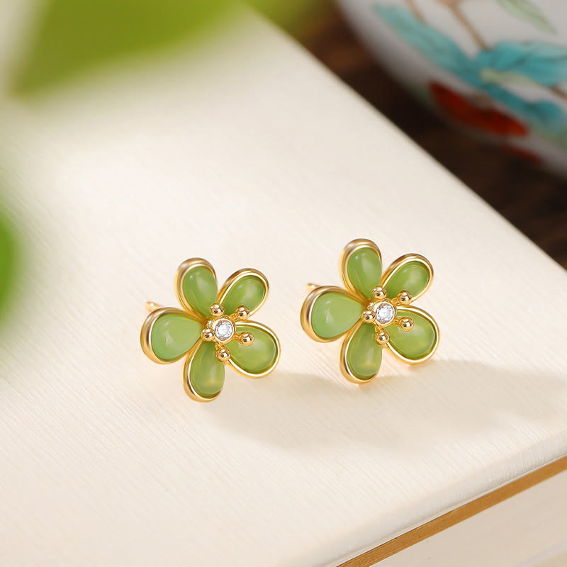 KarmaRipple's 925 Sterling Silver Hetian Jade Flower Design Abundance Fortune Earrings p3