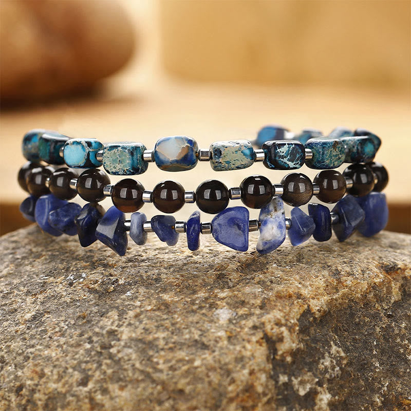 KarmaRipple's Emperor Stone Sodalite Gold Sheen Obsidian Balance Triple Wrap Bracelet p1