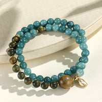 KarmaRipples Armband mit blauem Chalcedon, grünem Sandelholz, kleinem Blatt und rotem Sandelholz, doppelt gewickelt, emotionales Gleichgewicht