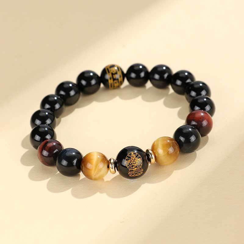 KarmaRipple's Black Onyx Tiger Eye Om Mani Padme Hum Chinese Zodiac Natal Buddha Support Bracelet p27