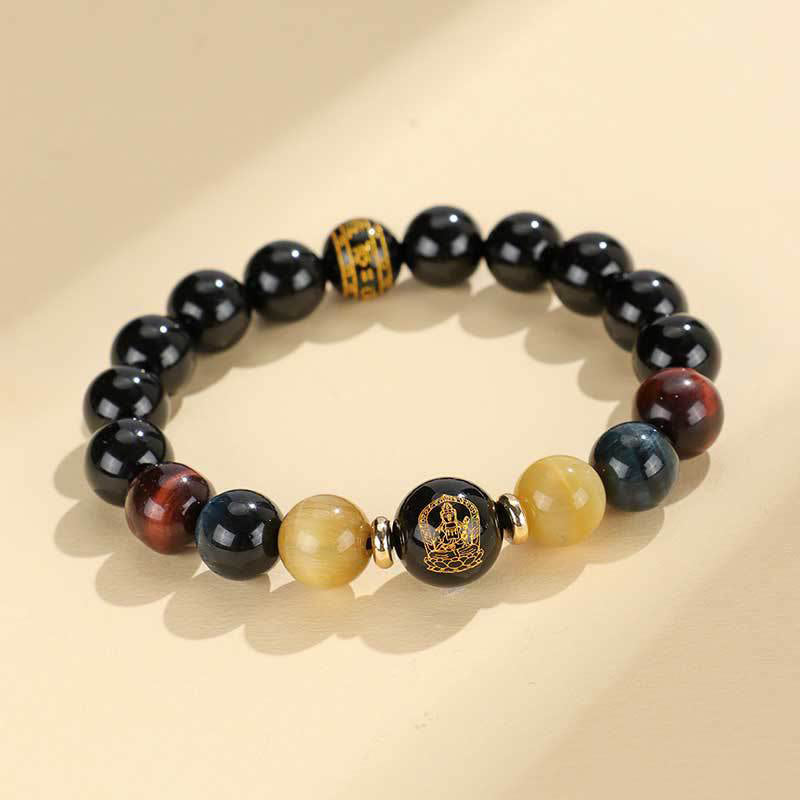 KarmaRipple's Black Onyx Tiger Eye Om Mani Padme Hum Chinese Zodiac Natal Buddha Support Bracelet p30