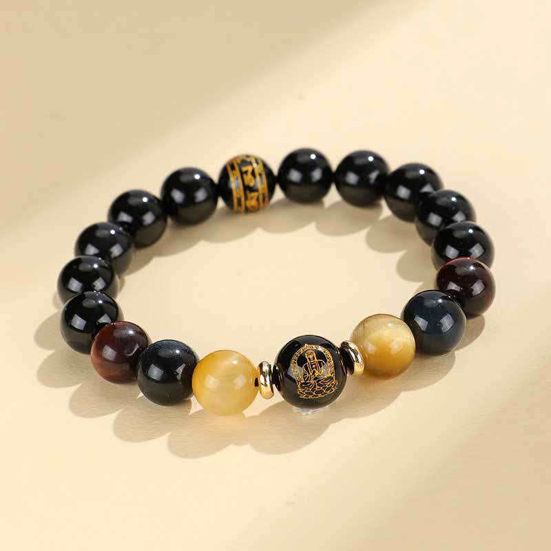 KarmaRipple's Black Onyx Tiger Eye Om Mani Padme Hum Chinese Zodiac Natal Buddha Support Bracelet p32