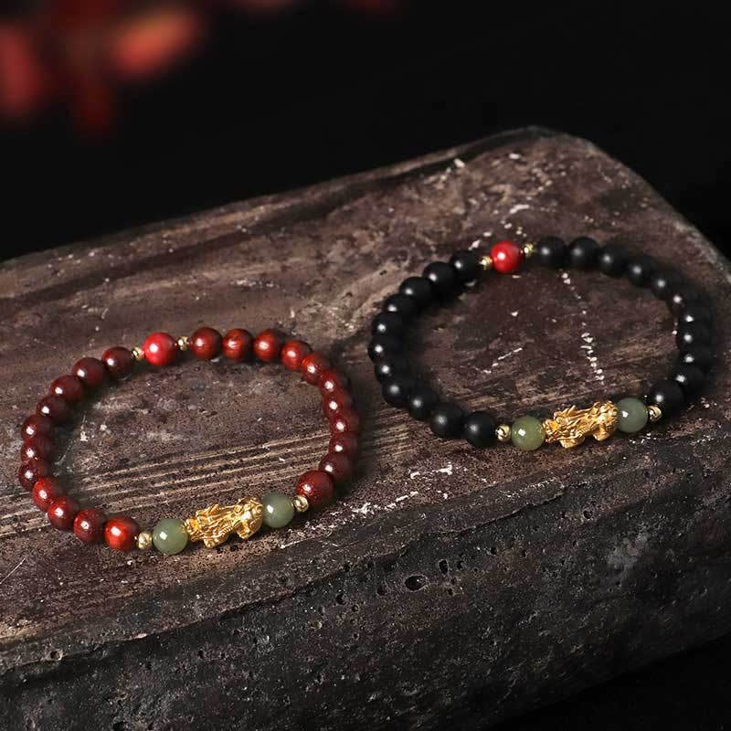 KarmaRipple's 999 Sterling Silver Sandalwood Ebony Wood Small Leaf Red Sandalwood Hetian Jade Cinnabar PiXiu Wealth Bracelet p19