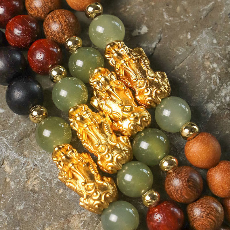 KarmaRipple's 999 Sterling Silver Sandalwood Ebony Wood Small Leaf Red Sandalwood Hetian Jade Cinnabar PiXiu Wealth Bracelet p21