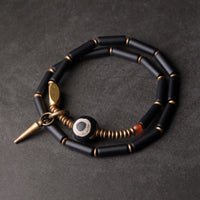 KarmaRipples schwarze Onyx-Bronze-Dzi-Perlen-Kegel-Halskette mit doppeltem Wickel-Schutzarmband