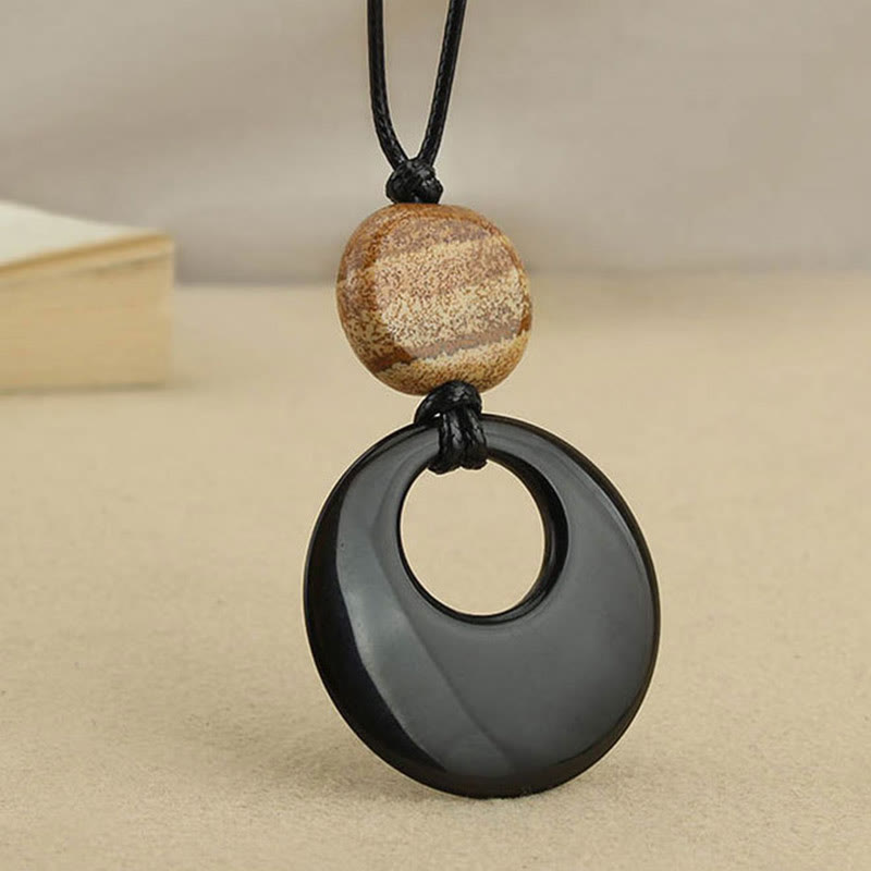 KarmaRipple's Black Obsidian Liuli Picture Stone Bronze Fulfilment Pendant Necklace p4