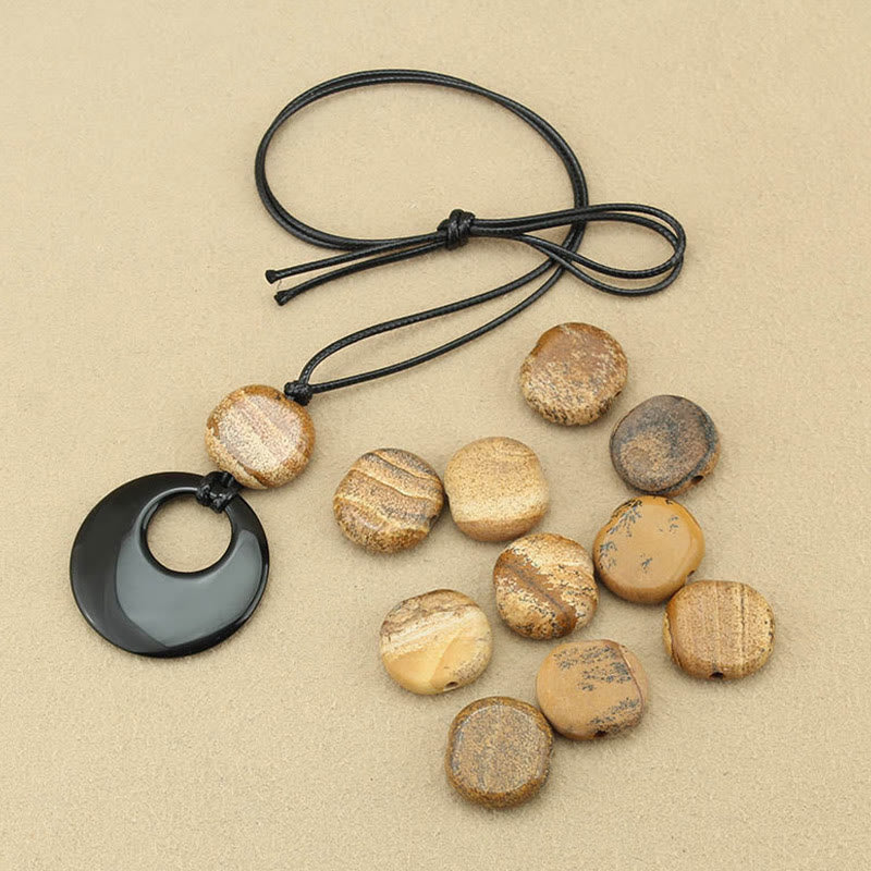 KarmaRipple's Black Obsidian Liuli Picture Stone Bronze Fulfilment Pendant Necklace p10