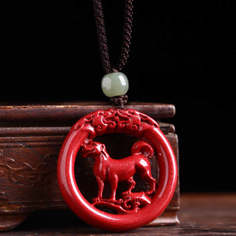 KarmaRipple's Chinese Zodiac Cinnabar Hetian Jade Peace Buckle Calm Pendant Necklace p57