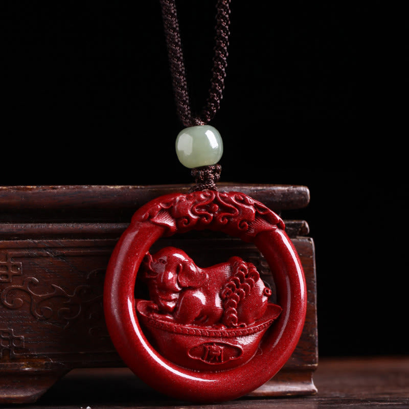 KarmaRipple's Chinese Zodiac Cinnabar Hetian Jade Peace Buckle Calm Pendant Necklace p59