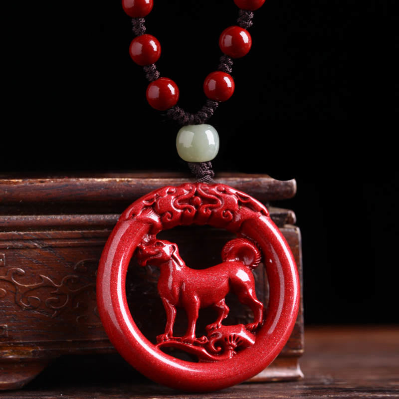 KarmaRipple's Chinese Zodiac Cinnabar Hetian Jade Peace Buckle Calm Pendant Necklace p58