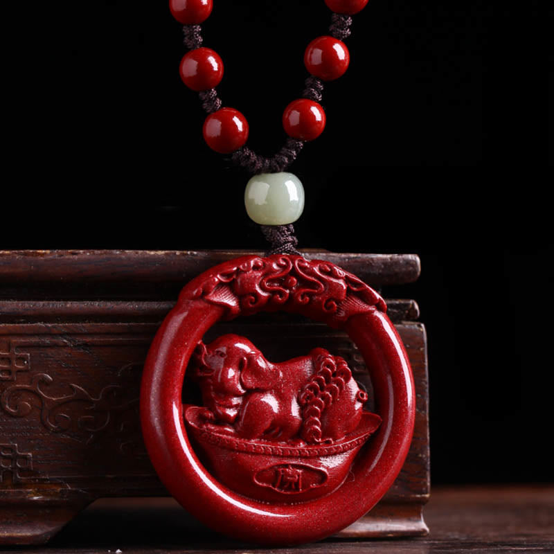 KarmaRipple's Chinese Zodiac Cinnabar Hetian Jade Peace Buckle Calm Pendant Necklace p24
