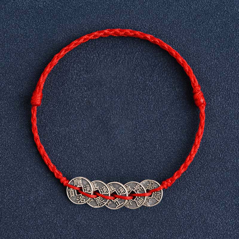 KarmaRipple's 925 Sterling Silver Five Emperor Coins Red String Protection Fortune Woven Bracelet Anklet p31