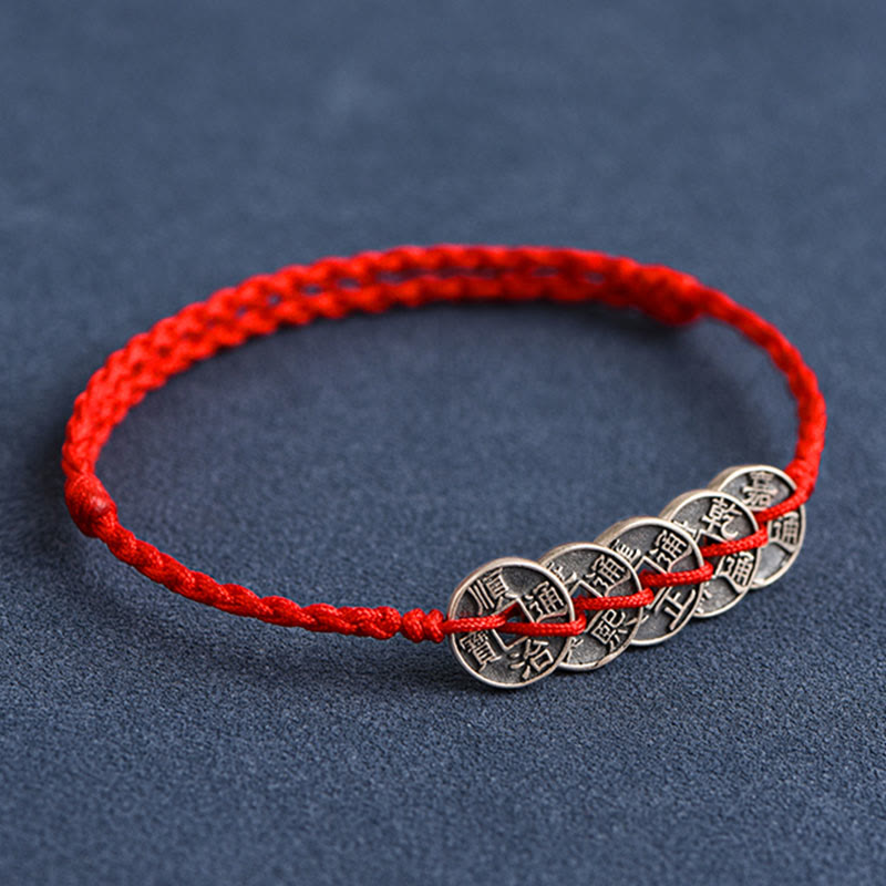 KarmaRipple's 925 Sterling Silver Five Emperor Coins Red String Protection Fortune Woven Bracelet Anklet p15