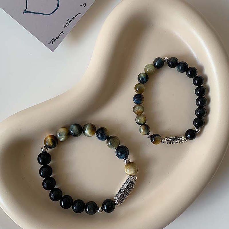 KarmaRipple's Authentic Black Obsidian Tiger's Eye Six True Words 'om Mani Padme Hum' Strength Love Bracelet p12