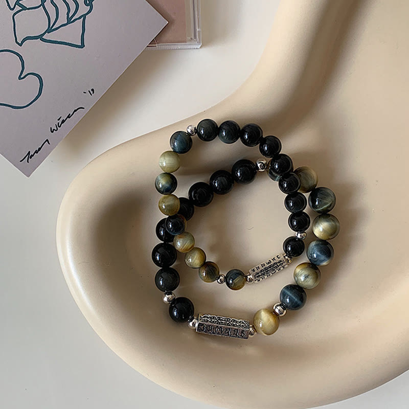 KarmaRipple's Authentic Black Obsidian Tiger's Eye Six True Words 'om Mani Padme Hum' Strength Love Bracelet p2