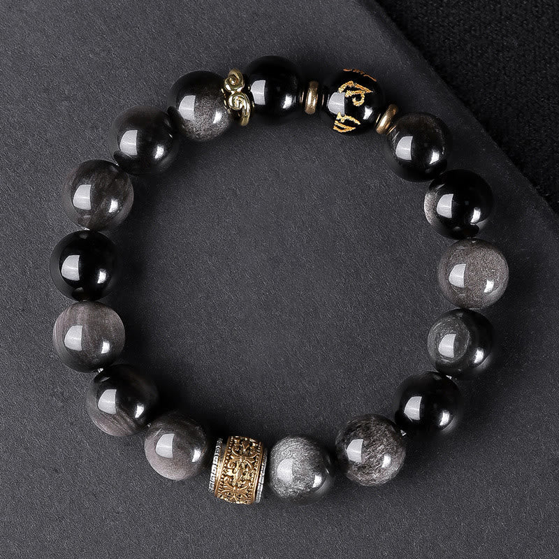 KarmaRipple's Authentic Silver Sheen Obsidian Tiger's Eye Six True Words 'Om Mani Padme Hum' Strength Bracelet p2