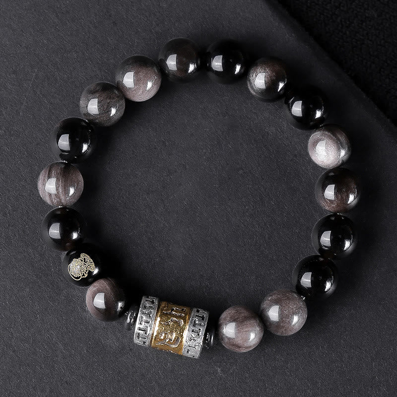 KarmaRipple's Authentic Silver Sheen Obsidian Tiger's Eye Six True Words 'Om Mani Padme Hum' Strength Bracelet p25