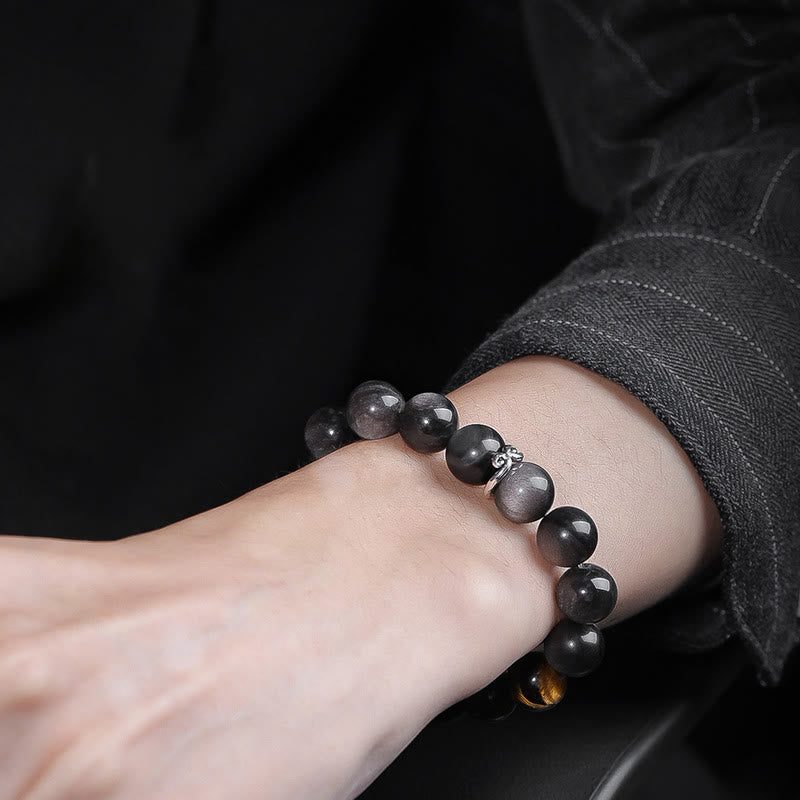 KarmaRipple's Authentic Silver Sheen Obsidian Tiger's Eye Six True Words 'Om Mani Padme Hum' Strength Bracelet p16