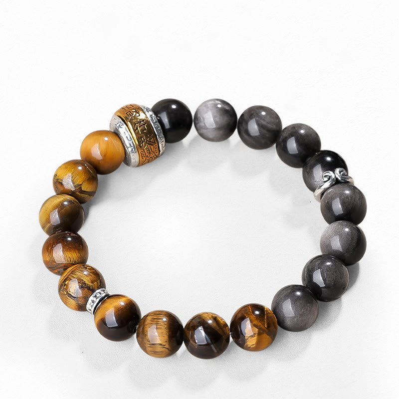 KarmaRipple's Authentic Silver Sheen Obsidian Tiger's Eye Six True Words 'Om Mani Padme Hum' Strength Bracelet p9