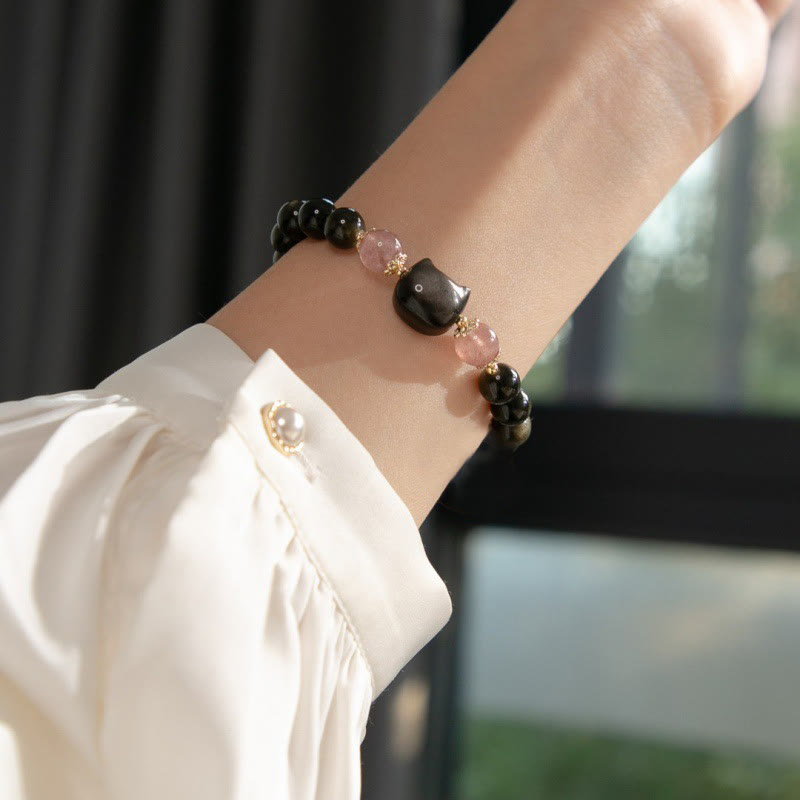 KarmaRipple's Black Obsidian Strawberry Quartz Beadwork Silver Sheen Obsidian Cat Head Strength Bracelet p5