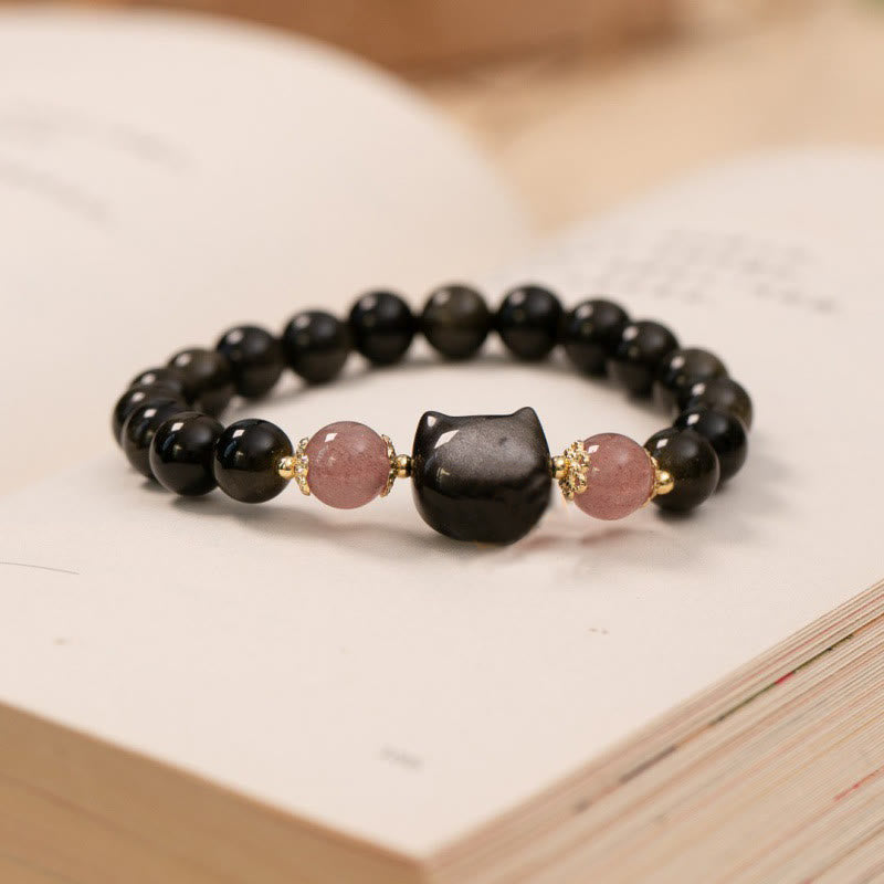 KarmaRipple's Black Obsidian Strawberry Quartz Beadwork Silver Sheen Obsidian Cat Head Strength Bracelet p2