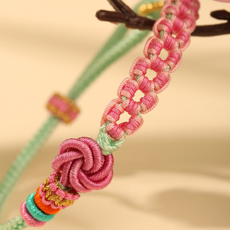 KarmaRipple's Handmade Pink Green Peach Blossom Weave Woven Bracelet p8