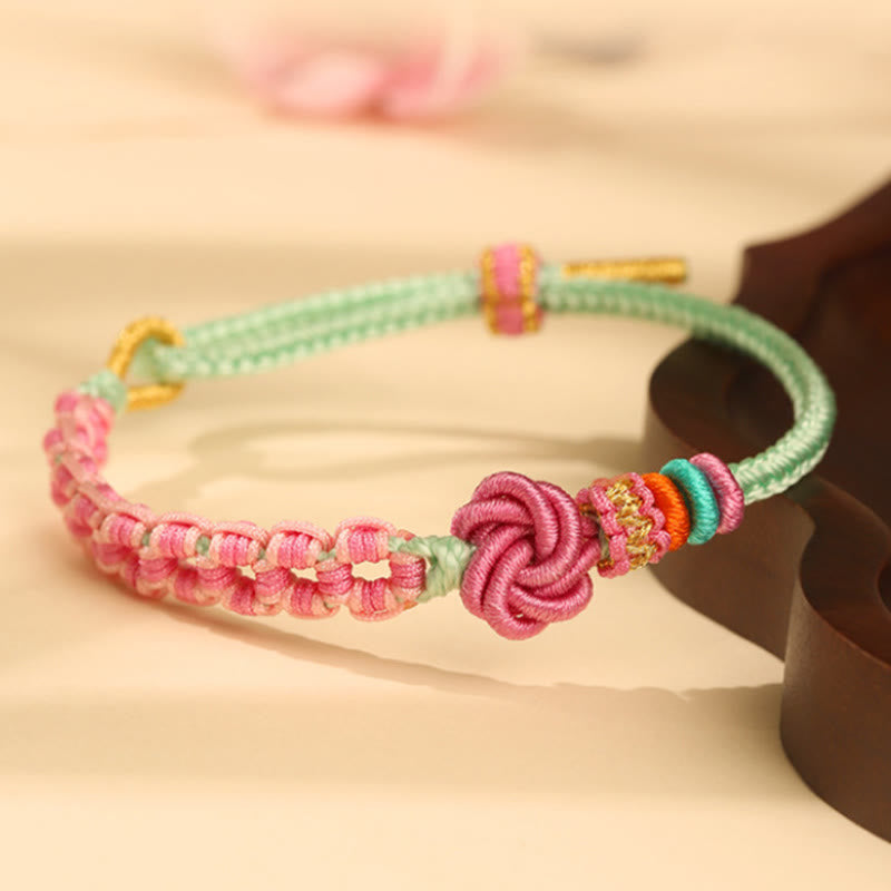 KarmaRipple's Handmade Pink Green Peach Blossom Weave Woven Bracelet p3