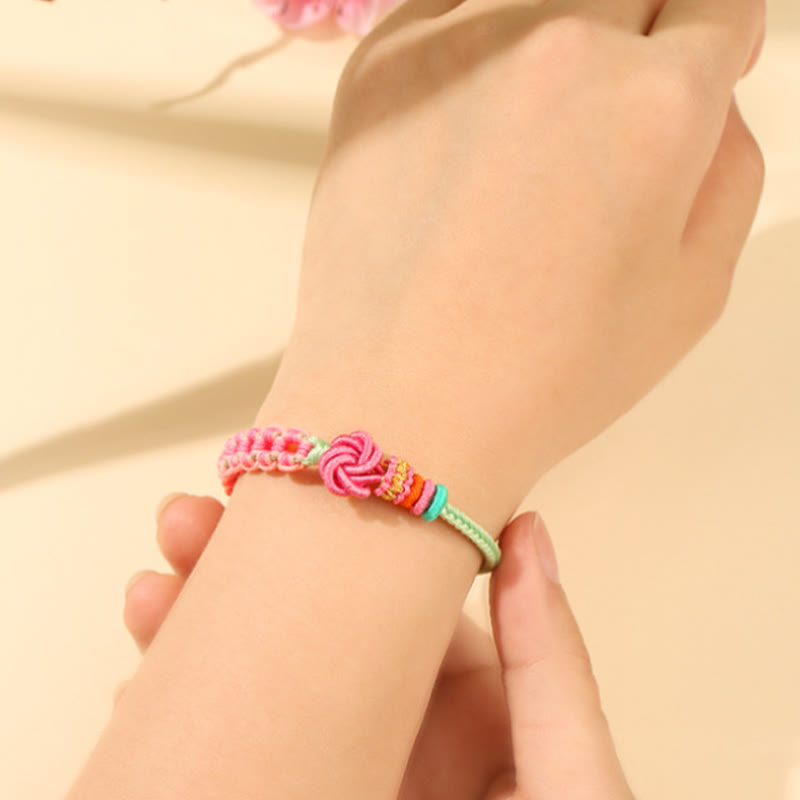 KarmaRipple's Handmade Pink Green Peach Blossom Weave Woven Bracelet p7