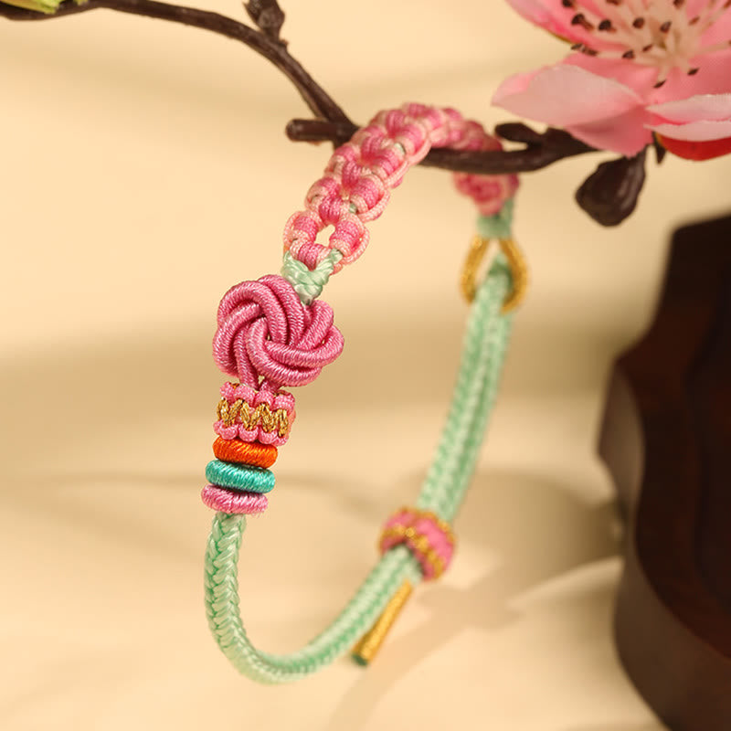 KarmaRipple's Handmade Pink Green Peach Blossom Weave Woven Bracelet p2