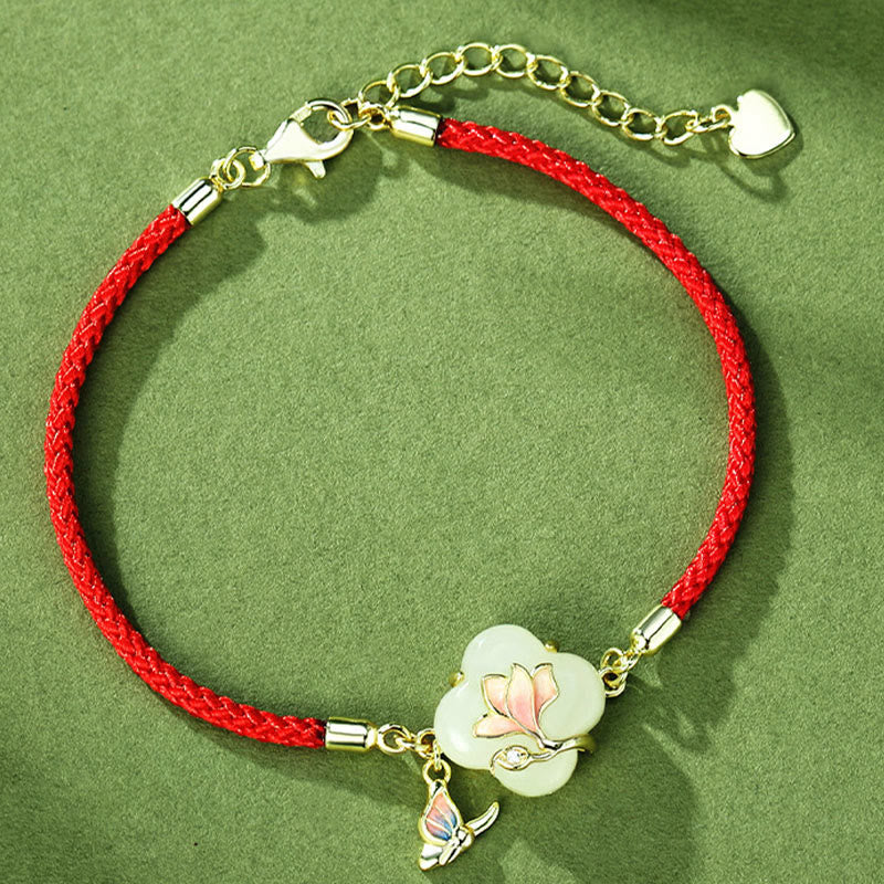 KarmaRipple's 925 Sterling Silver Hetian Jade Magnolia Flower Butterfly Fortune Chain Bracelet p2