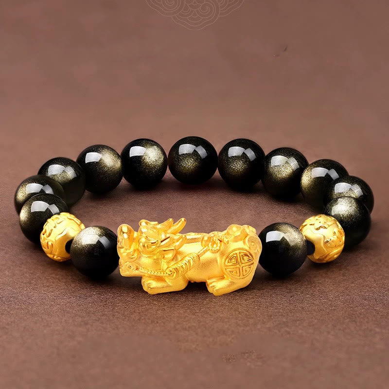 KarmaRipple's Authentic Gold Sheen Obsidian PiXiu Om Mani Padme Hum Wealth Bracelet p3