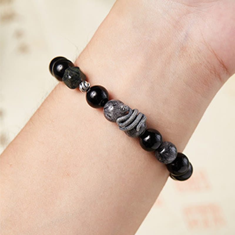 KarmaRipple's Black Obsidian Black Rutilated Quartz 925 Sterling Silver Year Of The Snake Purification Bracelet p4