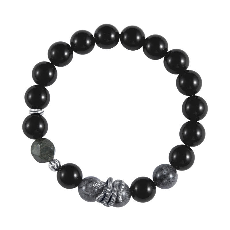 KarmaRipple's Black Obsidian Black Rutilated Quartz 925 Sterling Silver Year Of The Snake Purification Bracelet p5
