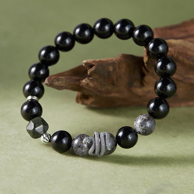 KarmaRipple's Black Obsidian Black Rutilated Quartz 925 Sterling Silver Year Of The Snake Purification Bracelet p2