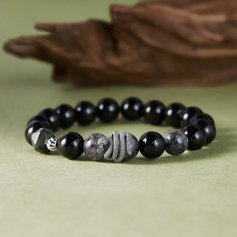 KarmaRipple's Black Obsidian Black Rutilated Quartz 925 Sterling Silver Year Of The Snake Purification Bracelet p9