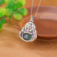 KarmaRipple Halskette mit Anhänger „Lachender Buddha“ aus 999er Sterlingsilber, Cyan-Jade, Lotusblüte, Erfolg