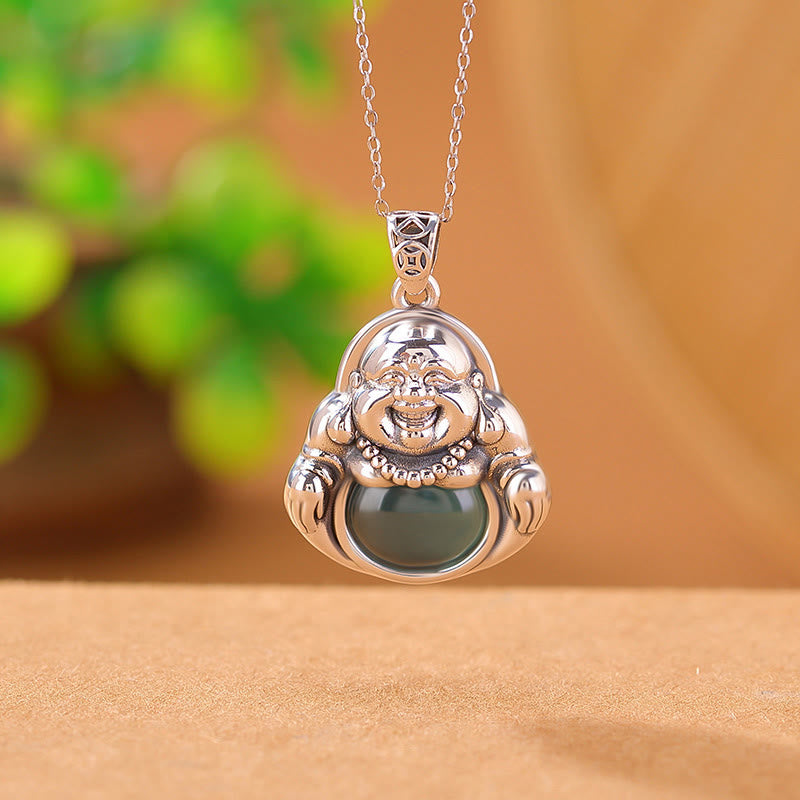 KarmaRipple's 999 Sterling Silver Laughing Buddha Cyan Jade Lotus Success Pendant Chain Necklace p2