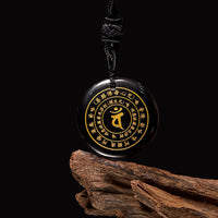 KarmaRipples Halskette mit Anhänger „Vairocana Tathagata Sanskrit Mantra“ aus verschiedenen Edelsteinen, schwarzer Obsidian, grüner Aventurin
