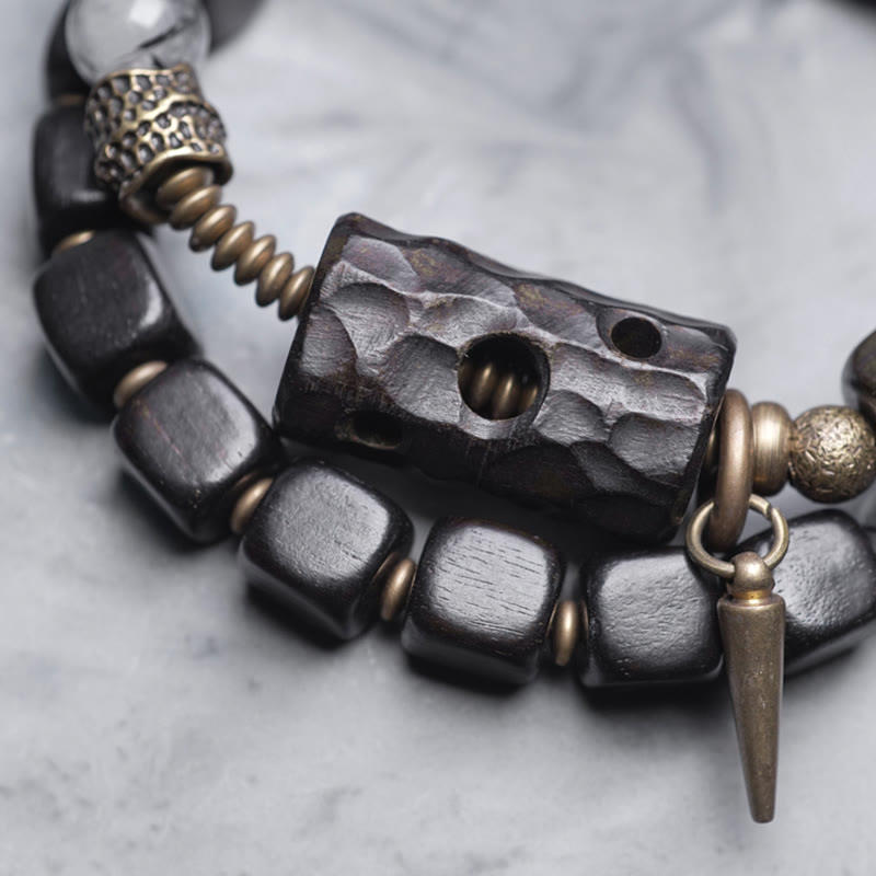 KarmaRipple's Ebony Wood Black Rutilated Quartz Bronze Brass Double Wrap Balance Bracelet p3