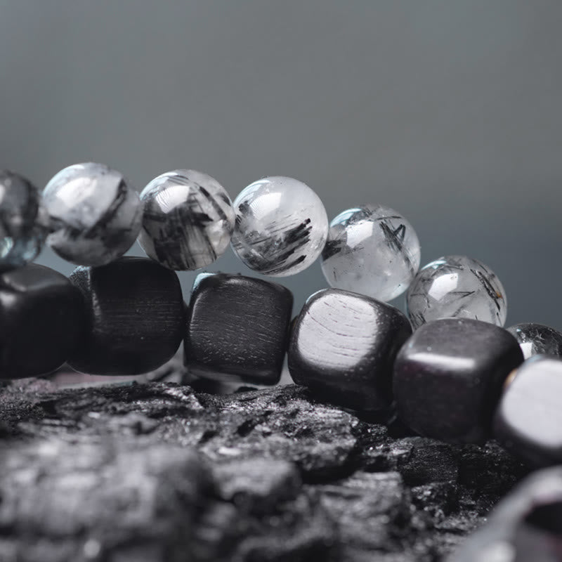 KarmaRipple's Ebony Wood Black Rutilated Quartz Bronze Brass Double Wrap Balance Bracelet p4