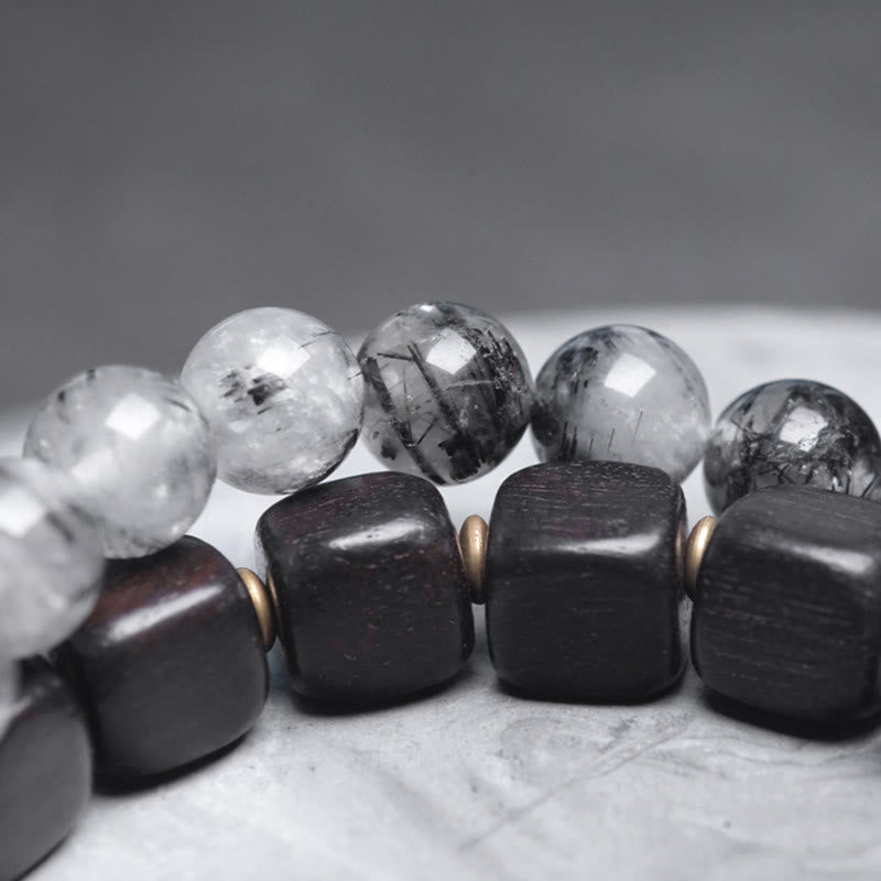 KarmaRipple's Ebony Wood Black Rutilated Quartz Bronze Brass Double Wrap Balance Bracelet p9