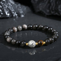 KarmaRipples schwarzes Obsidian-Armband aus 999er Sterlingsilber mit Tigerauge und 925er Sterlingsilber mit Koi-Fisch-Reinigung