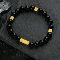 KarmaRipples schwarzes Obsidian-Armband aus 925er Sterlingsilber mit Fu-Charakterwürfel