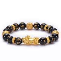 KarmaRipples Armband aus schwarzem Obsidian und schwarzem Onyx, Legierung PiXiu Om Mani Padme Hum Stärke