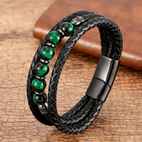 KarmaRipples Tigerauge-Lavastein-Hämatit-Schwarzer Onyx-Perlen-Positives Lederarmband