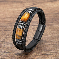 KarmaRipples Tigerauge-Stein, Mut, Willenskraft, mehrschichtiges Lederarmband