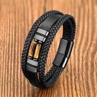 KarmaRipples Tigerauge, Lasurit, Hämatit, Bildjaspis, schwarzer Onyx, Stärke, mehrschichtiges Lederarmband