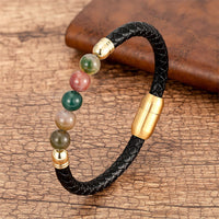 KarmaRipples Lederarmband mit blauem Achat, Tigerauge, Lavastein, schwarzem Onyx, Lasuritperlen und Schutz